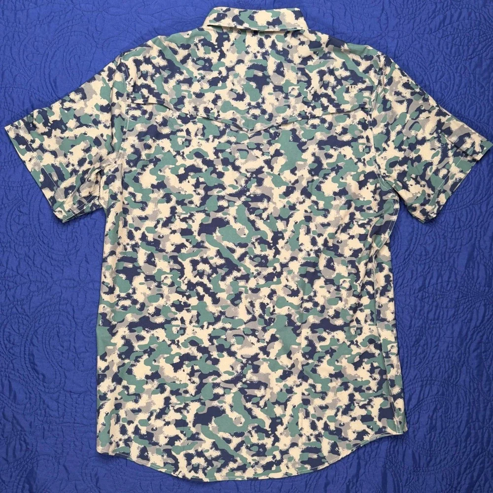 Ferrell Mens Camo Western Pearl Snap Shirt Green Tan Short Sleeve Stretch Large